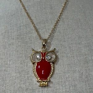 New Amrita Singh Red Enamel and Austrian Crystal Owl Pendant Necklace.